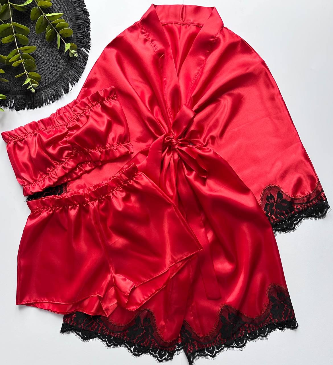 Червоний атласний комплект, халат і піжама жіноча