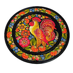 Дерев'яна тарілка 25 см"Півник",подарункове пакування , з авторським петриківським розписом