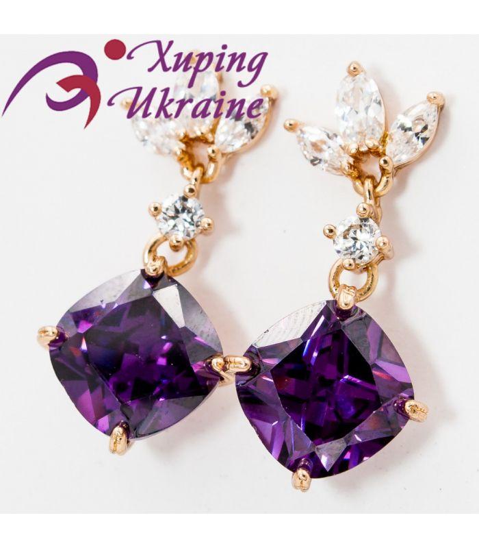 Сережки-підвіски Xuping з цирконами, 2,5 см, лимонна позолота (324314(3)), фото 1