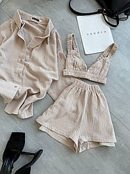 Стильний жіночий літній легкий базовий бавовняний костюм трійка комплект шорти сорочка топ муслін