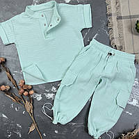 Мусліновий літній костюм дитячий muslin cotton BEWARM штани + футболка Blue