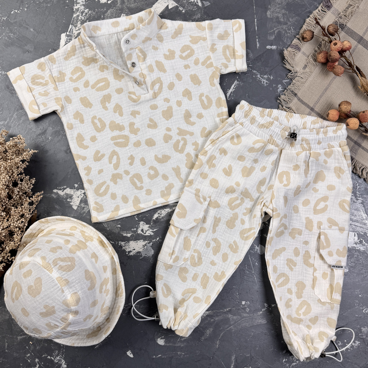 Мусліновий літній костюм дитячий muslin cotton BEWARM штани + футболка + панамка Лео