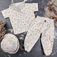 Мусліновий літній костюм дитячий muslin cotton BEWARM штани + футболка + панамка Лео
