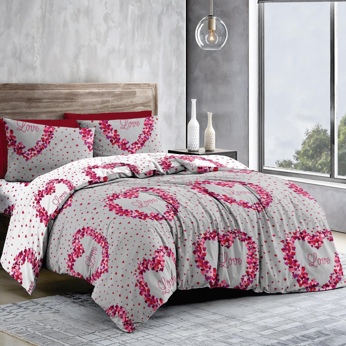 Наволочка на блискавці 70х70 (Бязь) | Від виробника "Королева Ночі" | Серця на сірому та білому, фото 1