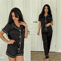 Піжама жіноча ШОВК 3-ка шорти, штани та сорочка короткий рукав S-3XL ЧОРНИЙ 174/24