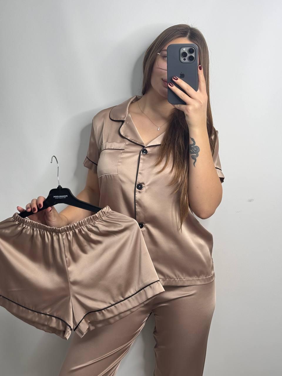 Піжама жіноча ШОВК 3-ка шорти, штани та сорочка короткий рукав S-3XL БЕЖЕВИЙ 174/24, фото 1