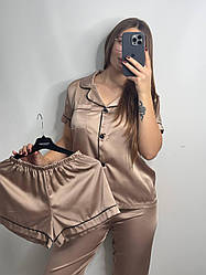 Піжама жіноча ШОВК 3-ка шорти, штани та сорочка короткий рукав S-3XL БЕЖЕВИЙ 174/24