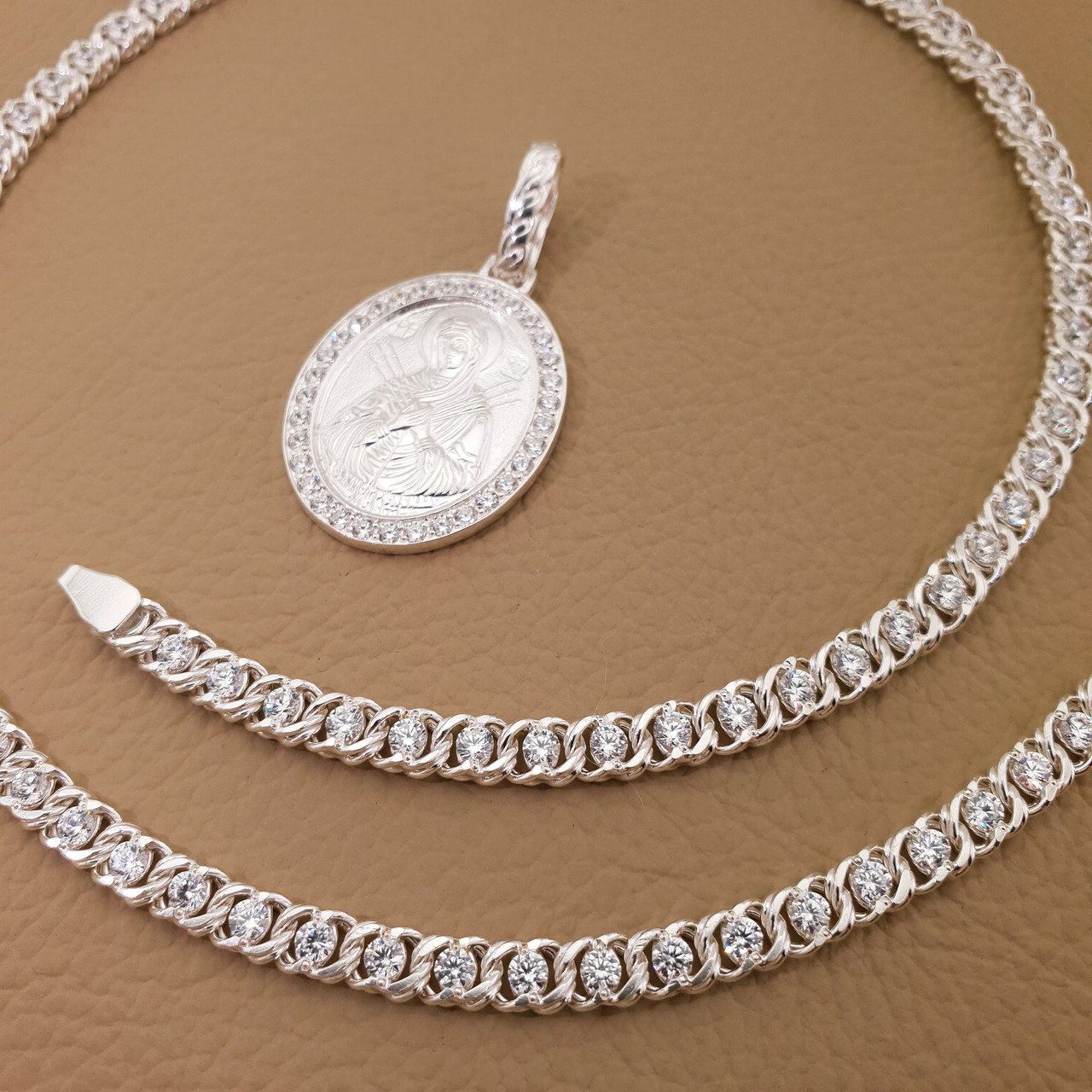 Жіноча срібна цепочка з камінням та ладанка-іконка Богородиця. Цепочка на шию жіноча, фото 1