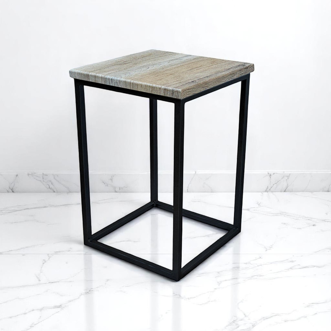 Металевий табурет у стилі лофт "Куб" — чорний каркас, сидіння дуб сонома | Наша Ковка, фото 1