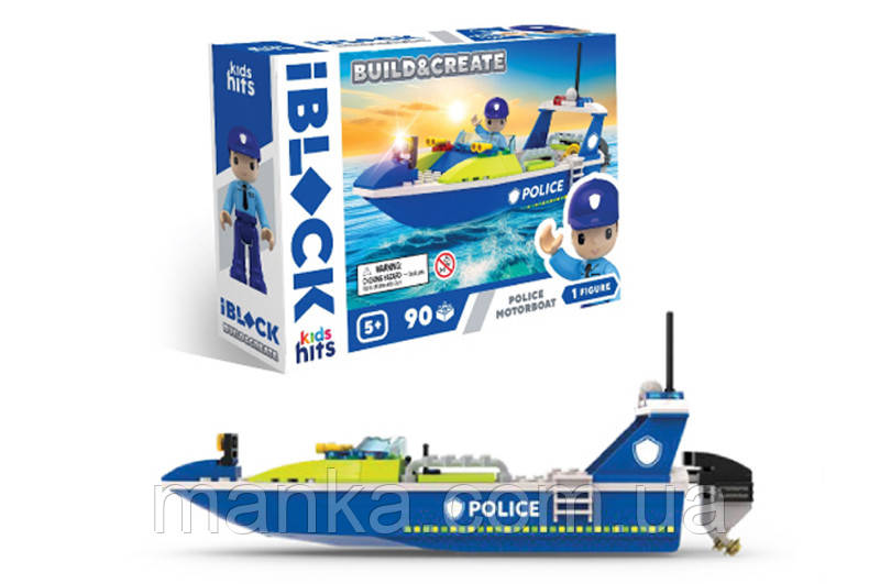 Конструктор Kids hits IBLOCK JUNIOR  KH41/002/2 90 деталей Police Motorboat короб. 24*16*6 см