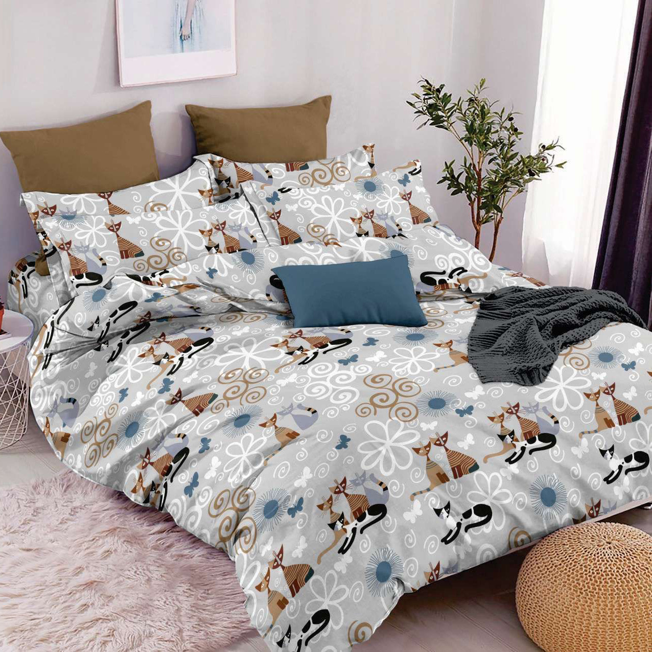 Наволочка на блискавці 70х70 (Бязь) | Від виробника "Королева Ночі" | Коти на сірому, фото 1