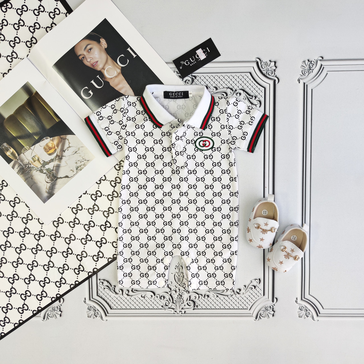 Білий пісочник Гуччі для новонародженого, літній фірмовий бодік