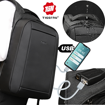 Міський повсякденний рюкзак з Usb портом для зарядки водовідштовхувальний чорний чоловічий Tigernu