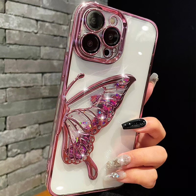 Чохол на телефон з блискітками 3D Cute butterfly рожевий iPhone 12 Pro