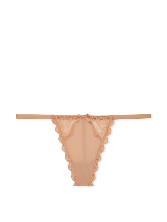 Трусики Victoria's Secret Lace-Trim V-String Panty Стринги з мереживним оздобленням, Бежеві, фото 1