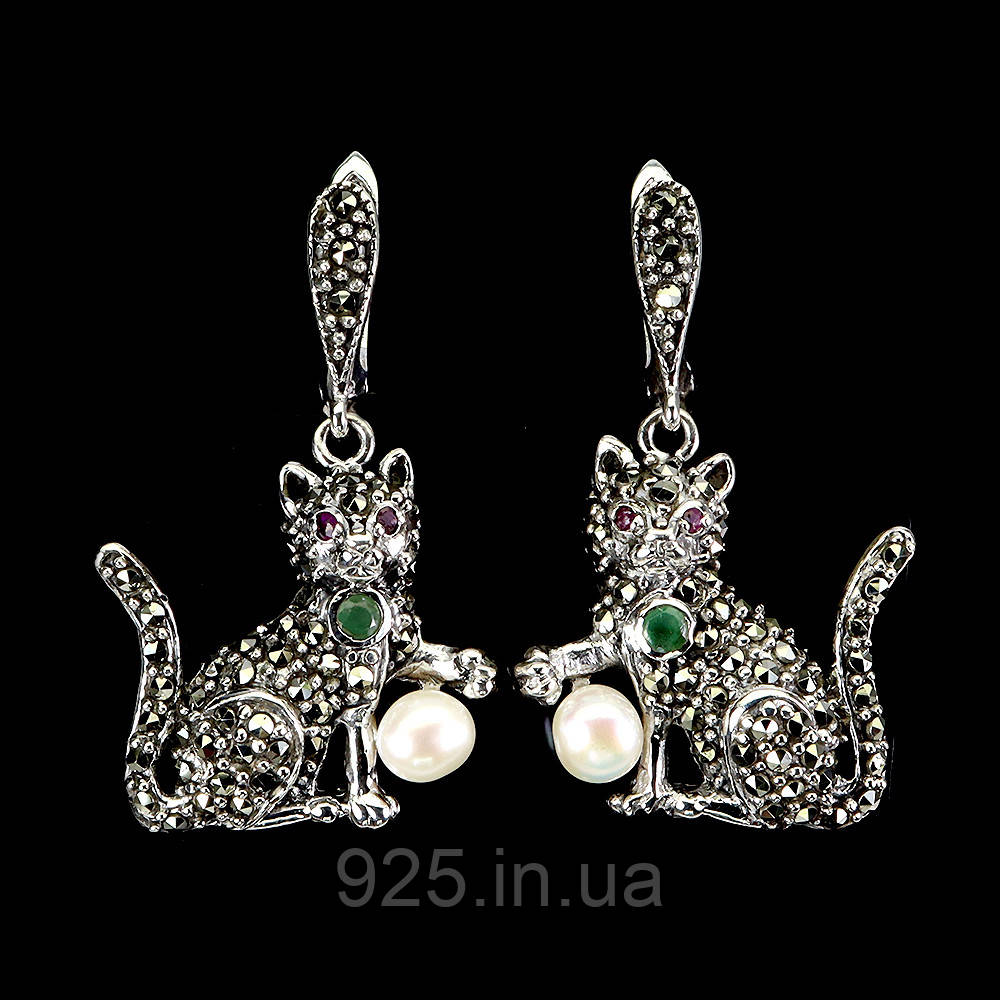 Сережки. Натуральний смарагд, марказит, рубін і перл. Срібло 925., фото 1