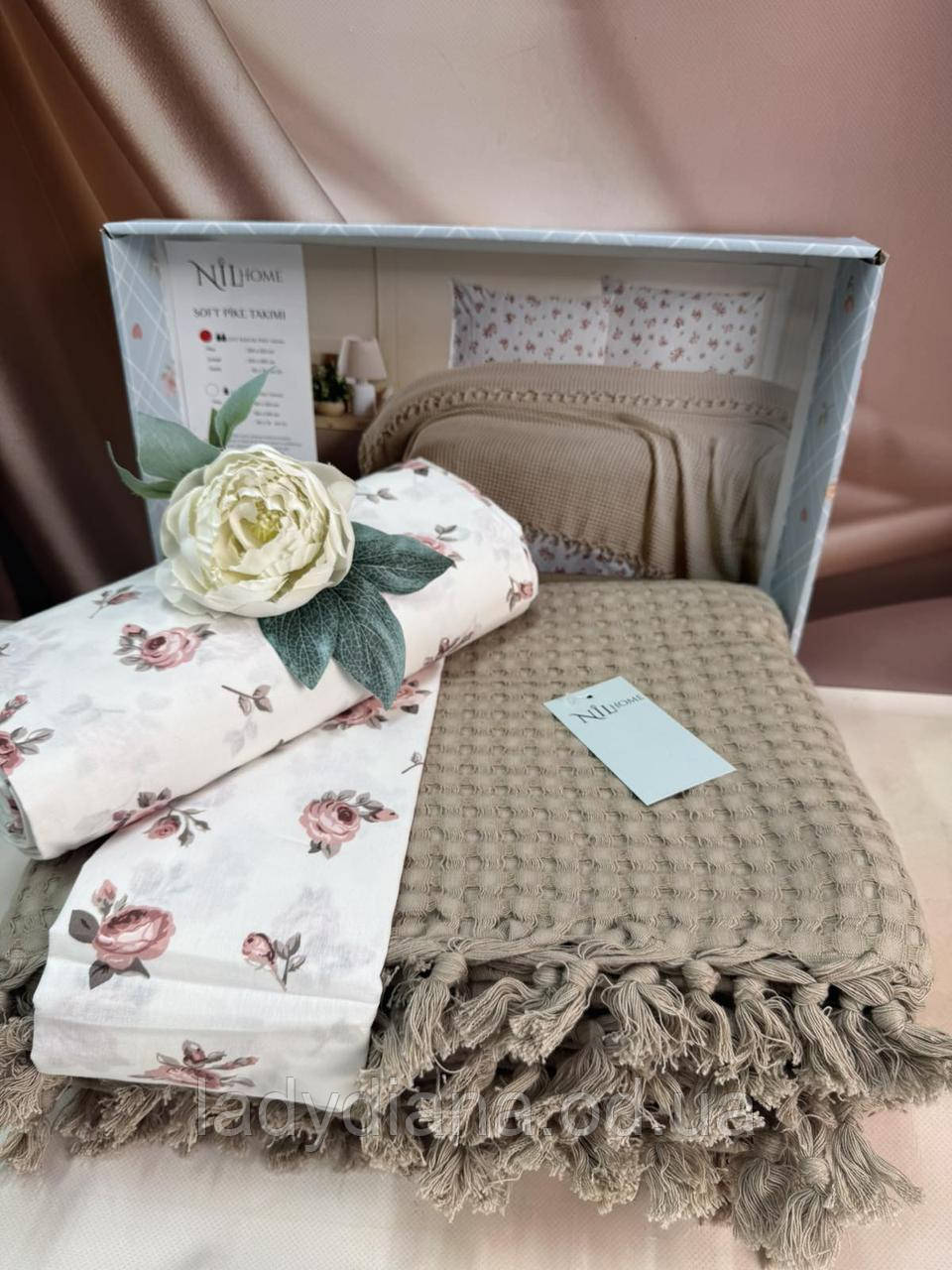 Комплект бавовняної постільної білизни ранфорс з вафельним покривалом-пледом євро розмір Туреччина, фото 1