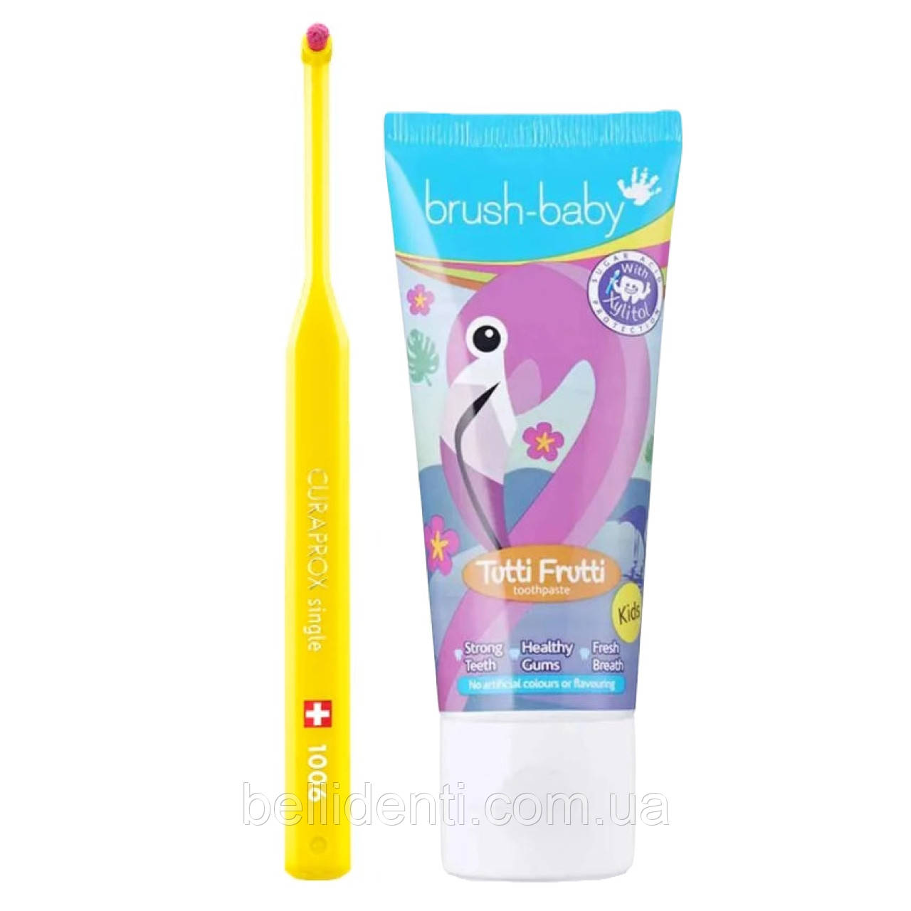 Набір для дітей від 3 до 12 років (зубна паста Brush-Baby фламінго, 50 мл+монопучкова щітка Curaprox 1006, жовта)