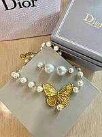 Кольє Діор перли позолота 18К/чокер перлинний з метеликом