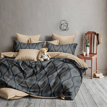 Постільна білизна Королева Ночі (Ранфорс) | Євро комплект | 70х70 | Орнамент на темно-синьому та бежевому