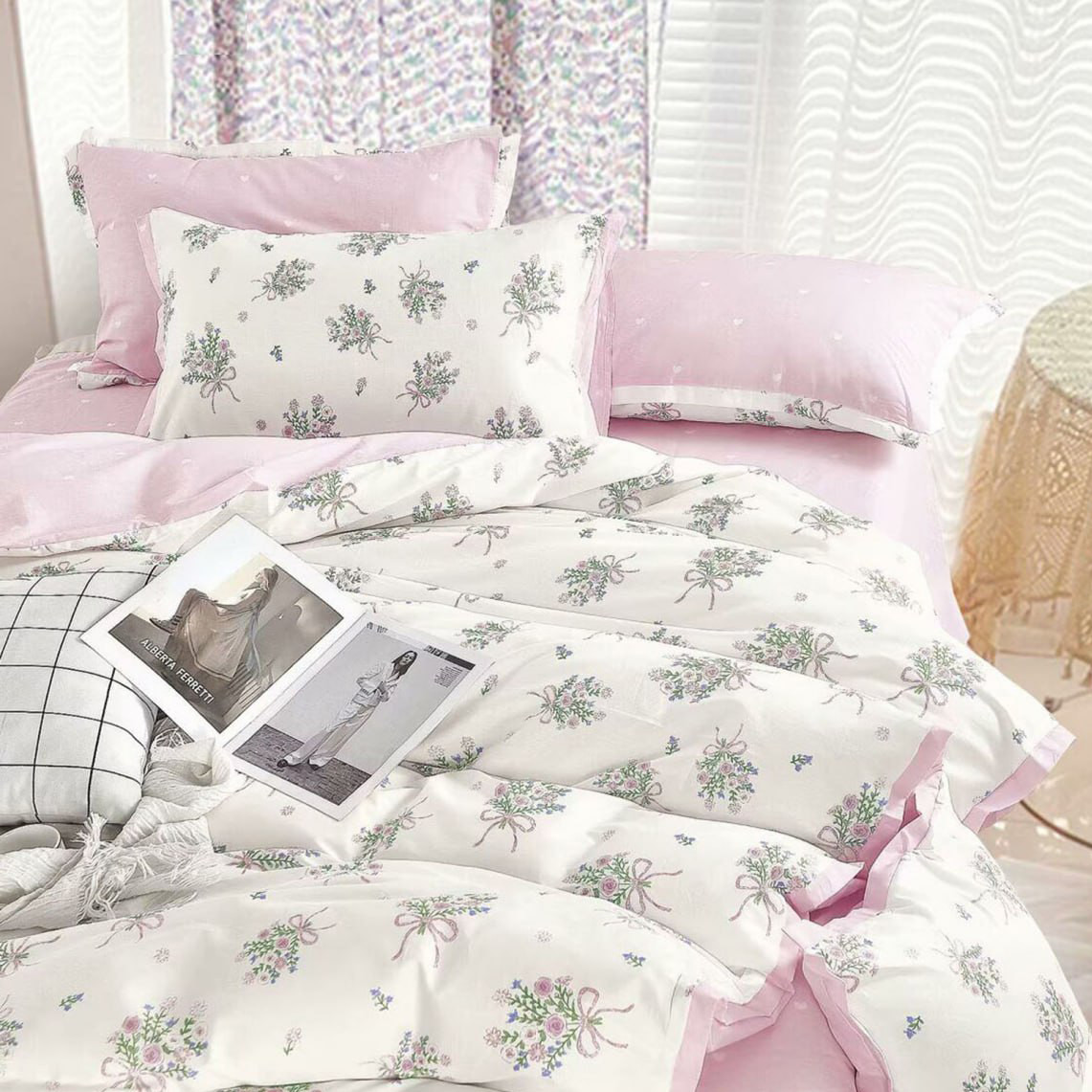 Постільна білизна Королева Ночі (Ранфорс) | Двоспальний комплект | 50х70 | Квіти на білому та рожевому, фото 1