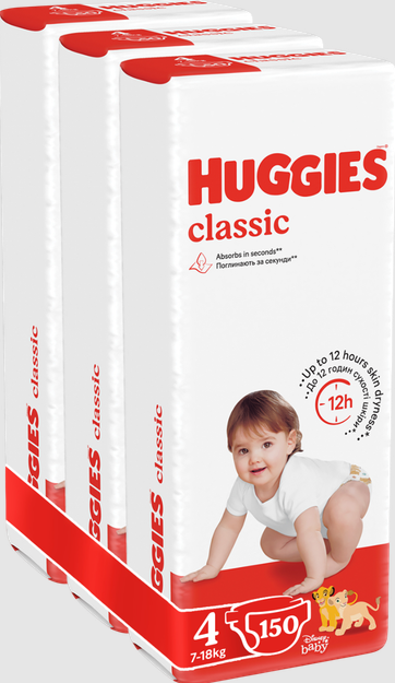 Підгузки дитячі Huggies Classic 4 (7-18 кг) Mega Pack 150 шт, фото 1