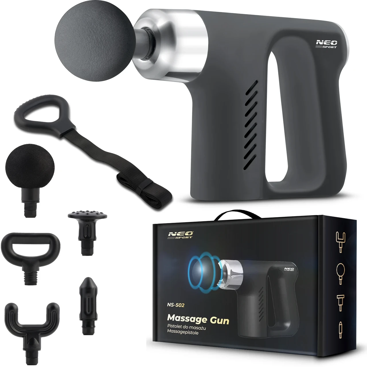 Перкусійний масажер пістолет для тіла 5 насадок Neo Sport 150200 Польща, фото 1