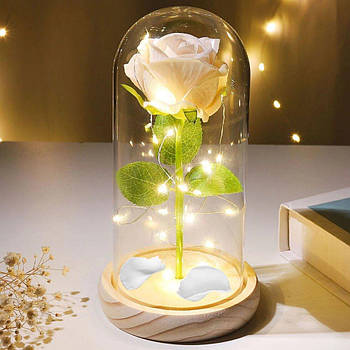 Вічна троянда в колбі з підсвічуванням 21 см, на батарейках, Біла / Квітка в колбі / Троянда нічник у скляній колбі