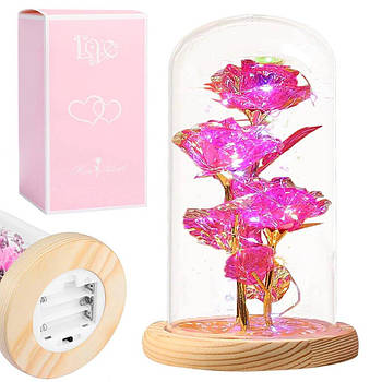 Потрійна троянда в колбі 21см з підсвічуванням на батарейках + Подарункова коробка / Нічник вічна троянда під куполом