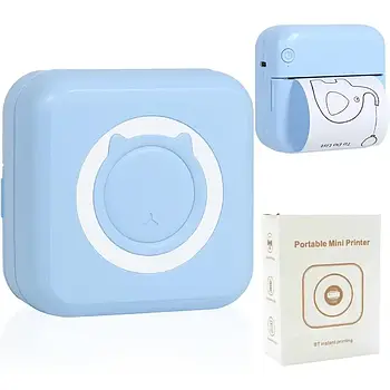 Портативний міні принтер + рулон термопаперу, Блакитний / Кишеньковий термопринтер з Bluetooth / Міні принтер