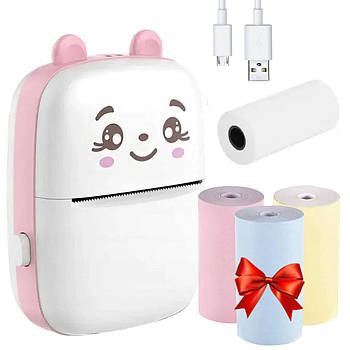 Портативний міні принтер з Bluetooth + рулон термопаперу, Рожевий / Дитячий фотопринтер / Термопринтер