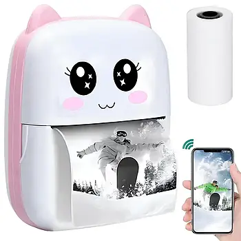 Міні принтер з Bluetooth + рулон термопаперу, Рожевий / Портативний Принтер для телефону / Термопринтер