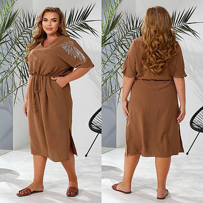 Жіноча сукня міді літня з куліскою на поясі та стразами на рукавах