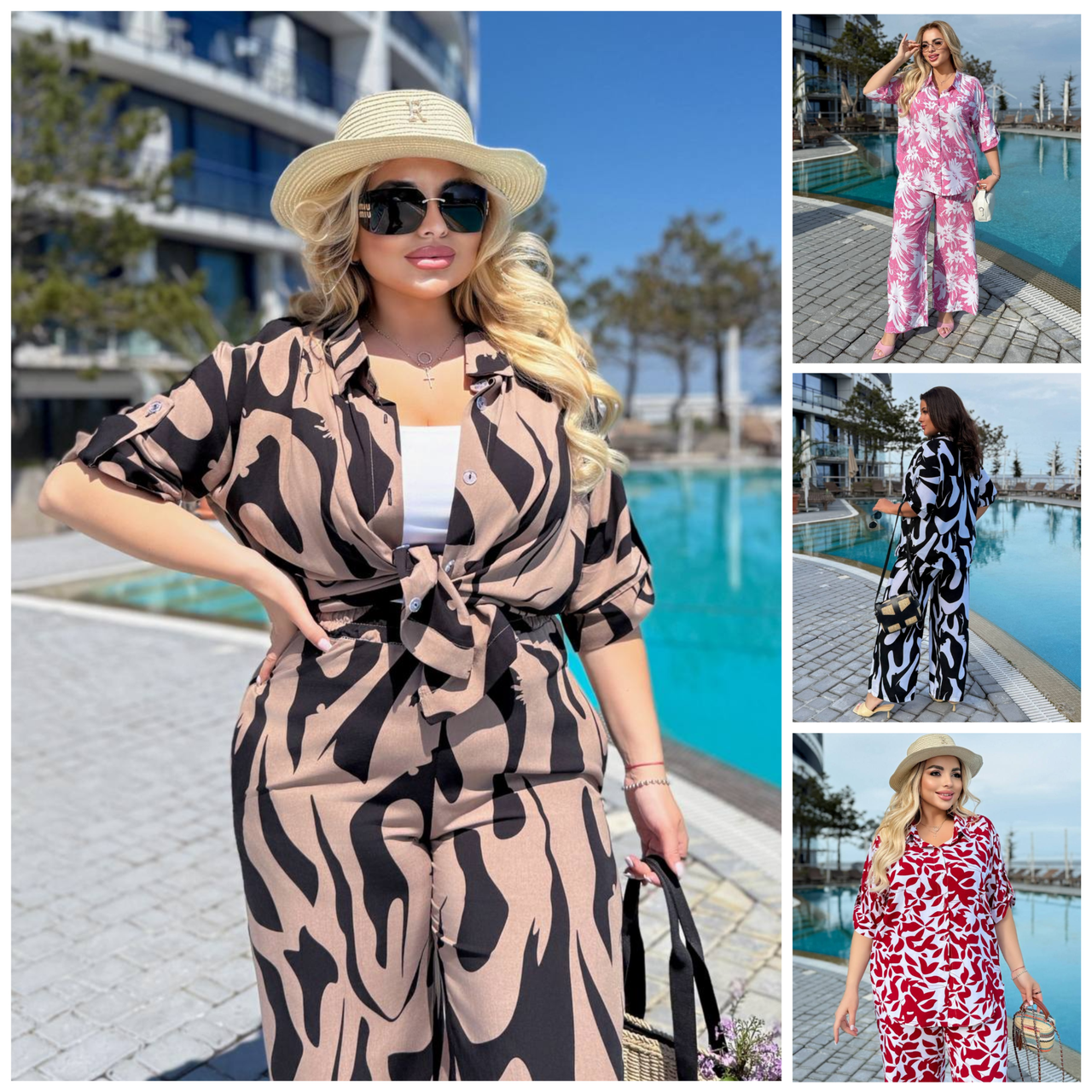 48-62 Натуральний літній костюм сорочка та широкі штани зі штапелю, фото 1