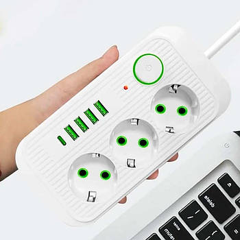 Мережевий фільтр-подовжувач 5м (3×220В+4×USB+Type-C) Тк-3, Білий / Мережевий подовжувач / Електричний подовжувач