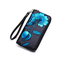 Довгий шкіряний гаманець на змійці з квітковим принтом з RFID захистом LOCKER's FPB-Blue
