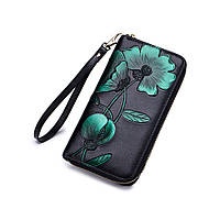 Довгий шкіряний гаманець на блискавці з квітковим принтом з RFID захистом LOCKER's FPB-Green