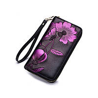 Довгий шкіряний гаманець на блискавці з квітковим принтом з RFID захистом LOCKER's FPB-Purple