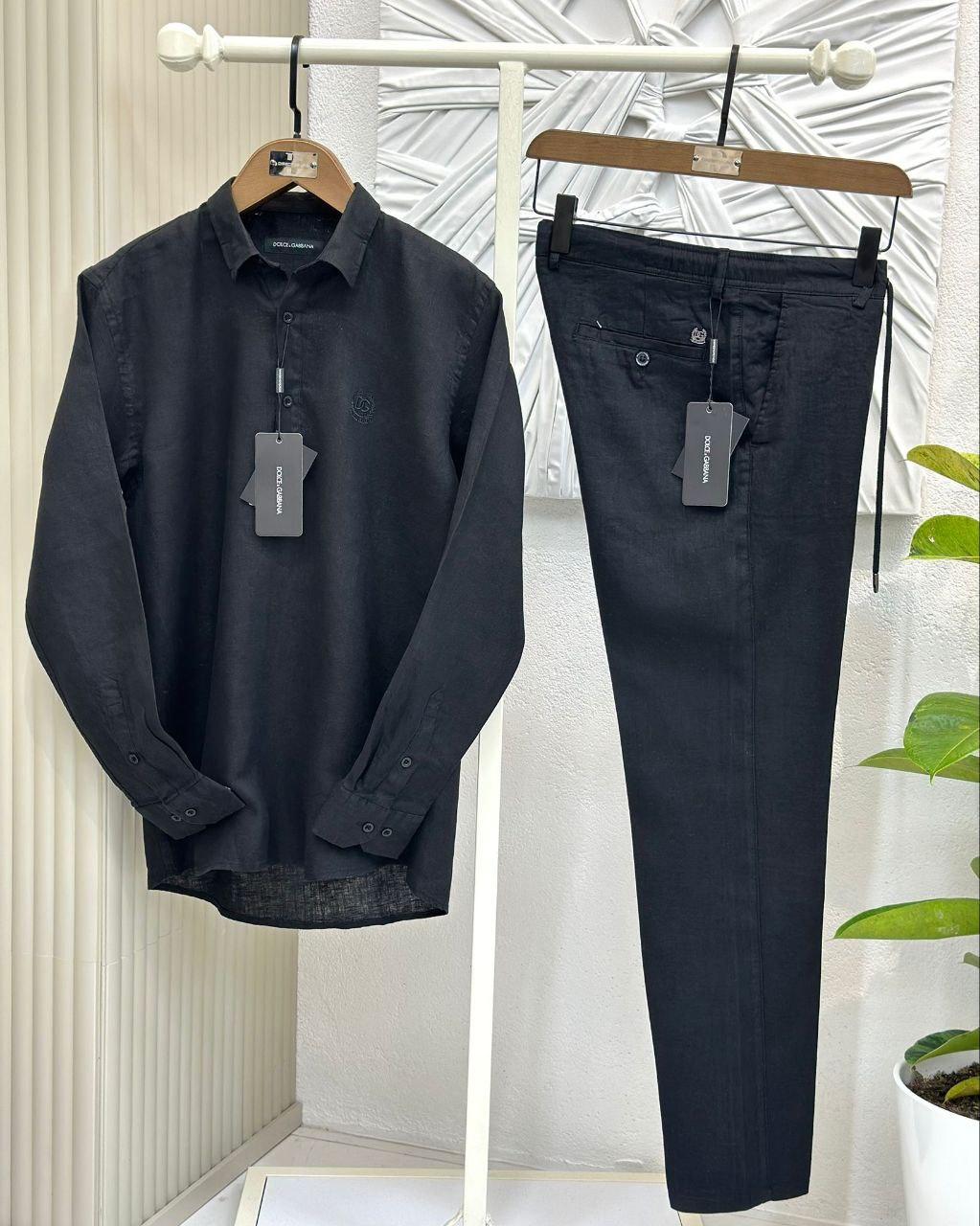 Чоловічий лляний костюм DOLCE GABBANA сорочка та штани CK9817 чорний, фото 1