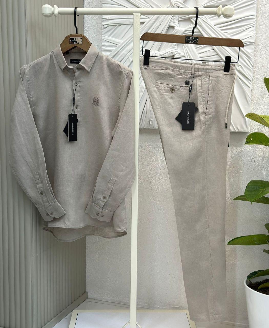 Чоловічий лляний костюм DOLCE GABBANA сорочка та штани CK9818 бежевий, фото 1