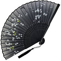 Віяло дерев'яний "Квіти і метелики" сірий 21х37 см (C2925)