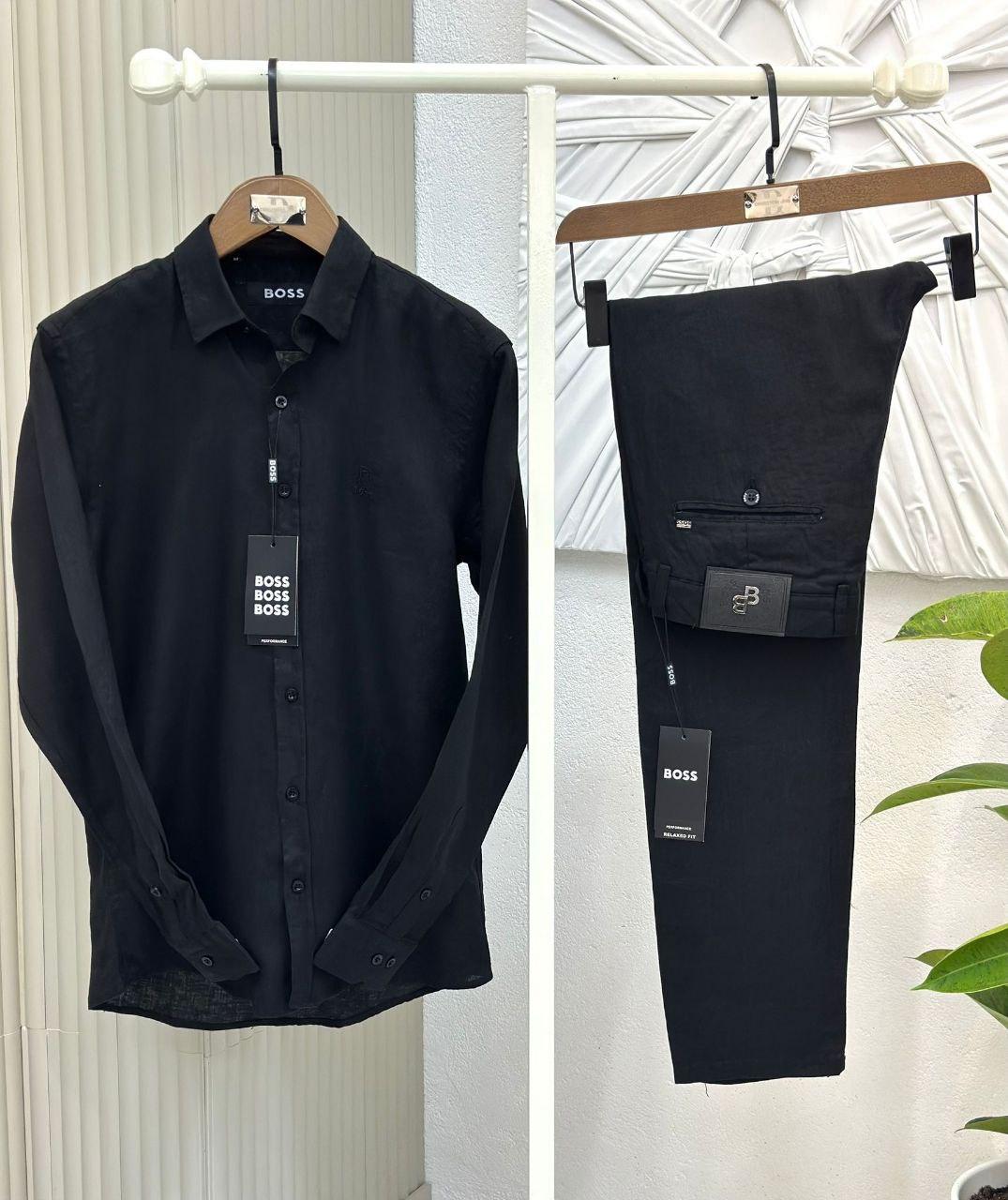 Чоловічий лляний костюм HUGO BOSS сорочка та штани CK9820 чорний, фото 1