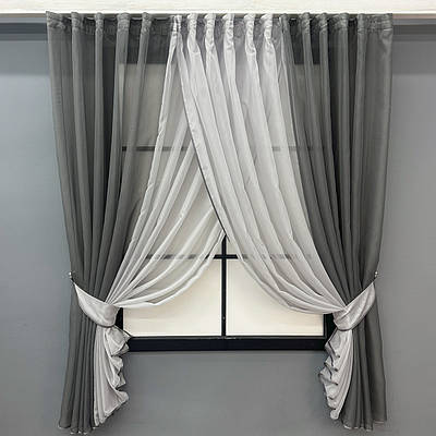 Кухонні шторки (400х170см.) з підв'язками. Колір графітовий зі світло-сірим. Код 096к 52-1186