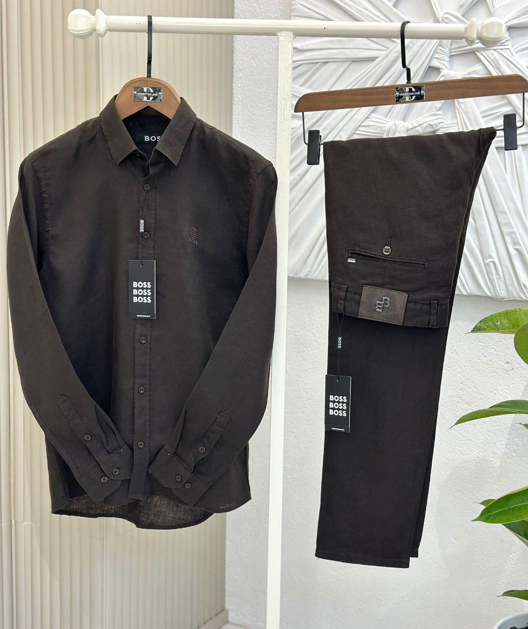 Чоловічий лляний костюм HUGO BOSS сорочка та штани CK9821 коричневий, фото 1