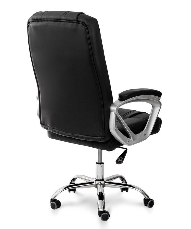 Эргономичное офисное кресло с хромированной базой и подлокотниками Чёрное компьютерное кресло с хромированными ножками и спинкой из экокожи