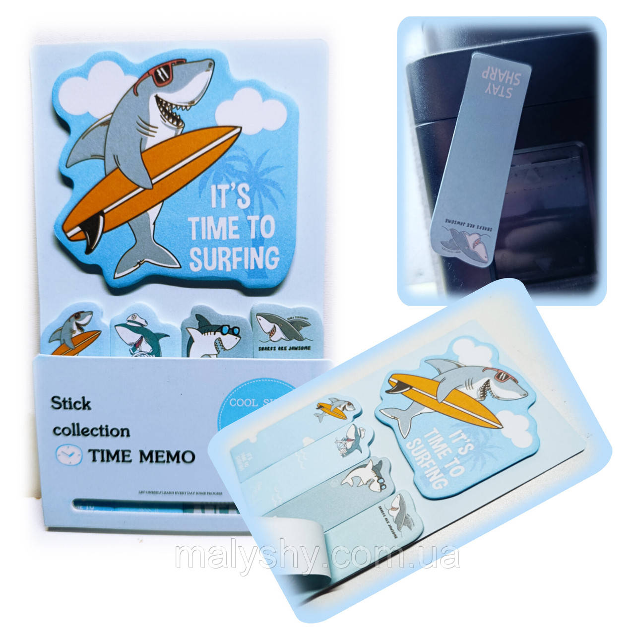 Папір для нотаток (стікери клейкі) "TIME MEMO - Cool Shark" / комплект 5 видів по 20 аркушів / Декоративні стікери N7-010 №2