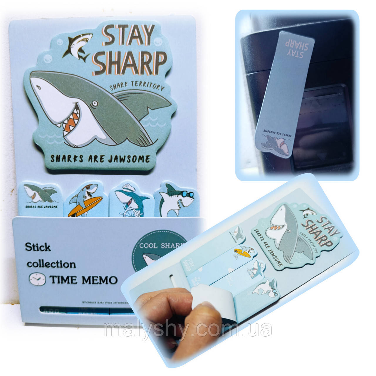 Папір для нотаток (стікери клейкі) "TIME MEMO - Cool Shark" / комплект 5 видів по 20 аркушів / Декоративні стікери N7-009 №1
