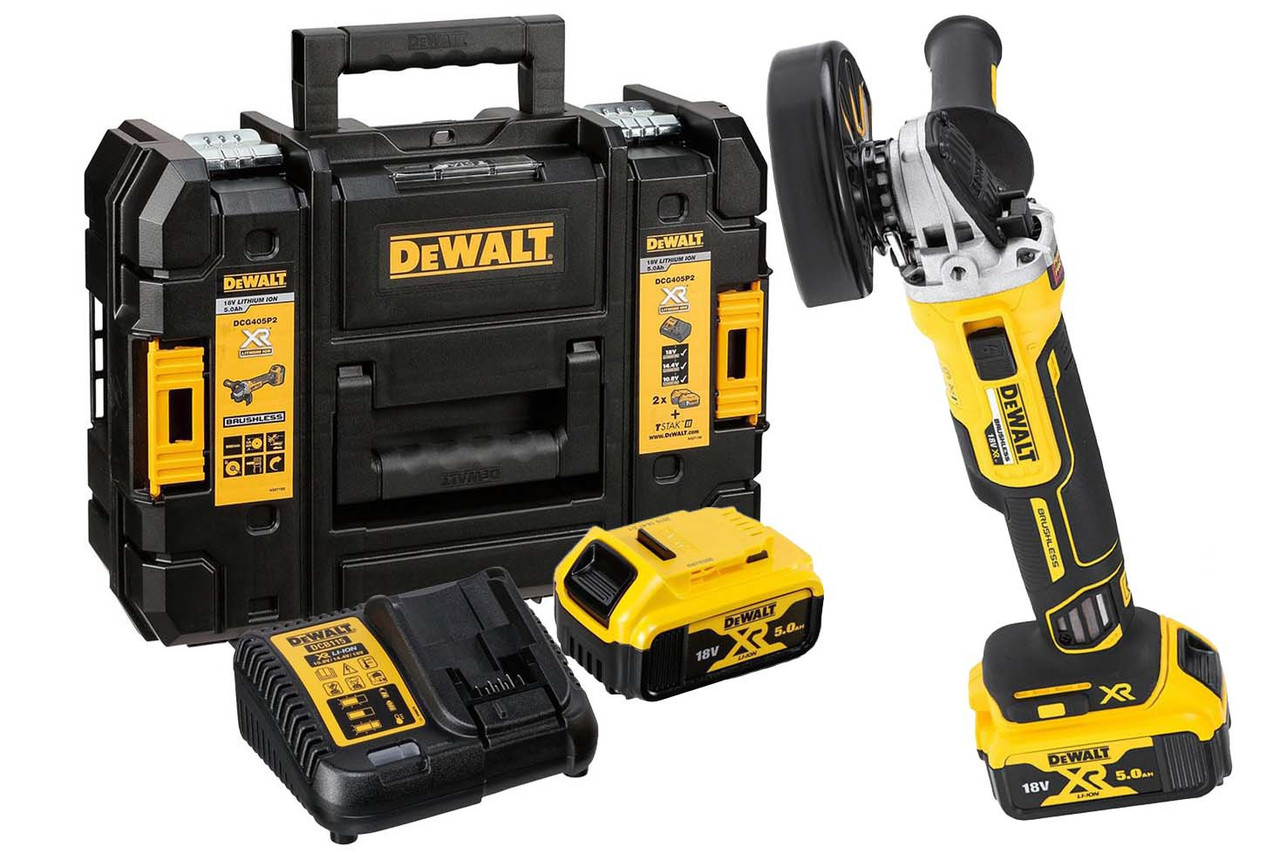 Шліф-машина кутова акумуляторна безщіткова dewalt ø125mm 18v 2x5ah 800w 9000 об/хв DCG405P2