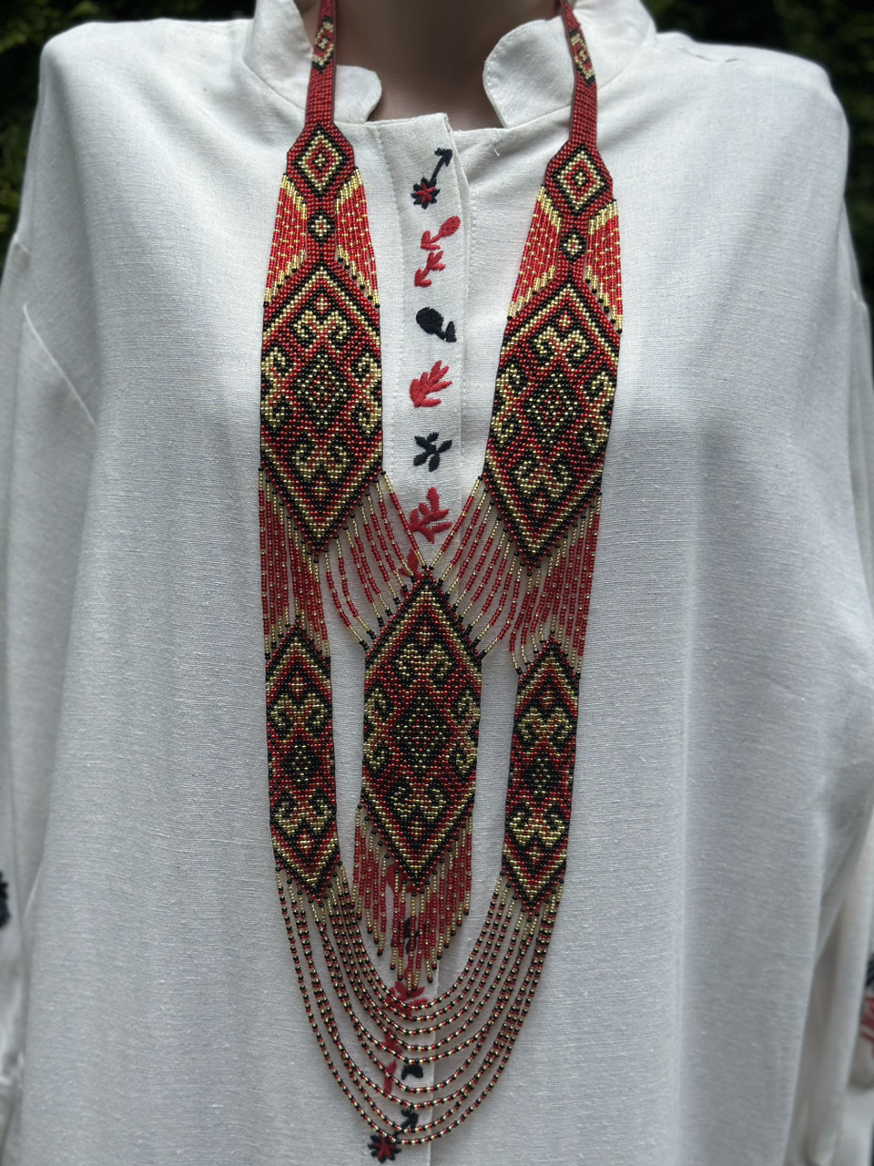Гердан жіноча прикраса бісер чорно червоно золотистий український ручної роботи, фото 1