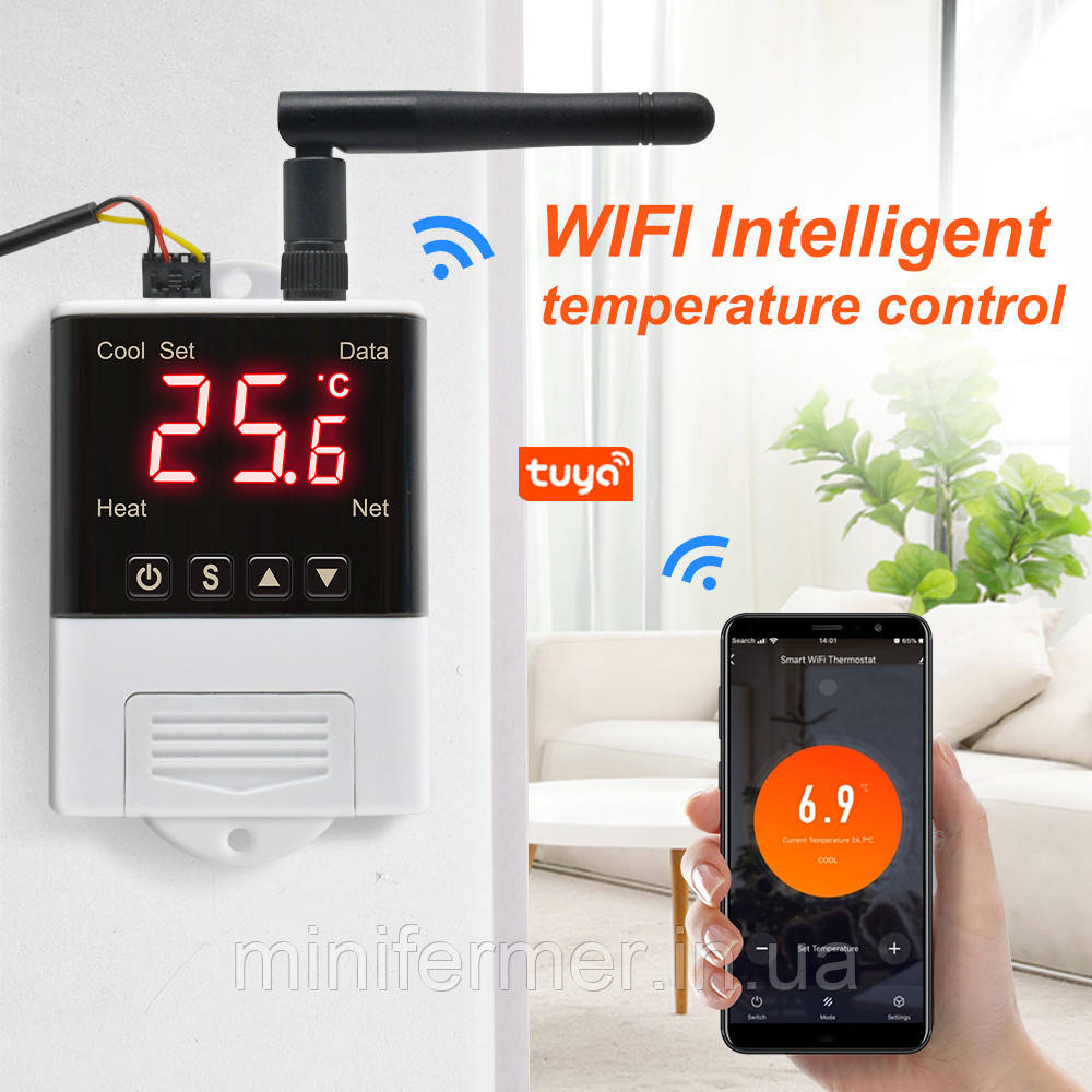 Wi-Fi терморегулятор універсальний цифровий -40°C до +99°C 10А/250В DTC2201 (під tuya) DS18B20, фото 1